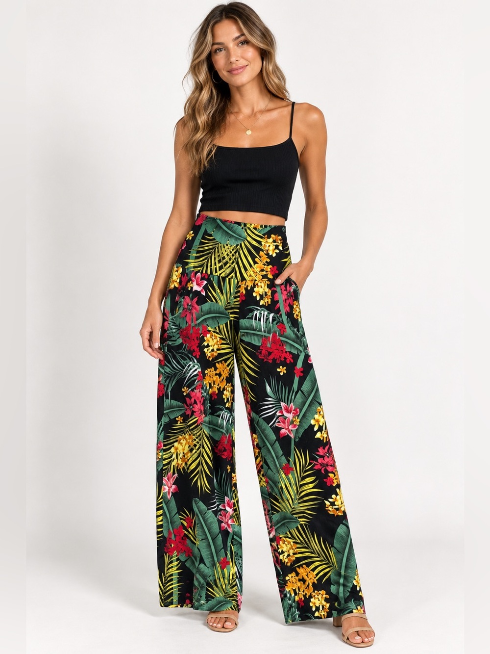Women's Tropical Floral High Rise Wide Leg Palazzo Pants Black Multicolor Small
